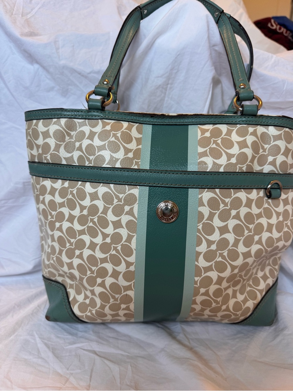 Coach Beige Signature Canvas Tote with Green Trim and Stripe